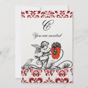 ANGEL PAINTING A RED FLOWER DAMASK MONOGRAM Pearl Invitation