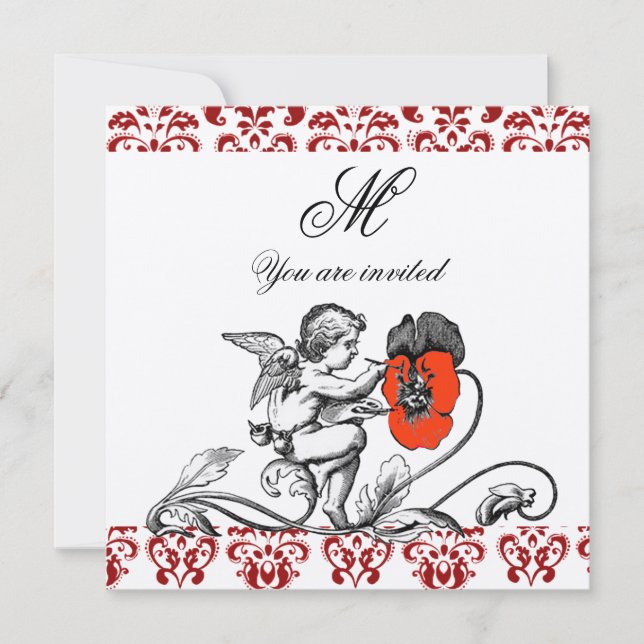ANGEL PAINTING A RED FLOWER DAMASK MONOGRAM Silver Invitation (Front)