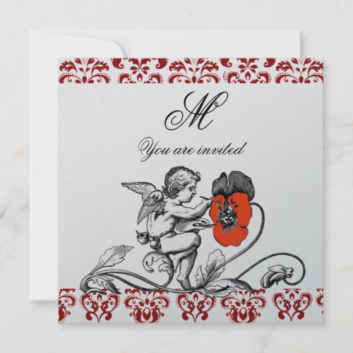 ANGEL PAINTING A RED FLOWER DAMASK MONOGRAM Silver Invitation