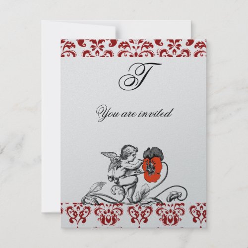 ANGEL PAINTING A RED FLOWER DAMASK MONOGRAM Silver Invitation