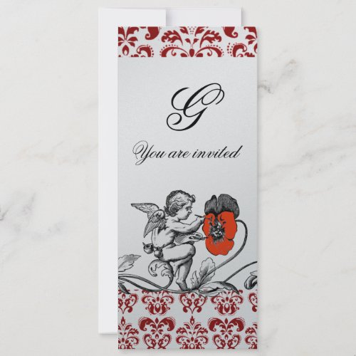 ANGEL PAINTING A RED FLOWER DAMASK MONOGRAM silver Invitation