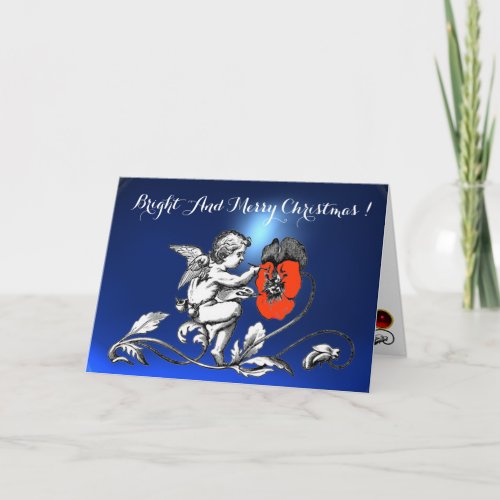 ANGEL PAINTING A RED FLOWER IN BLUE Black White Holiday Card