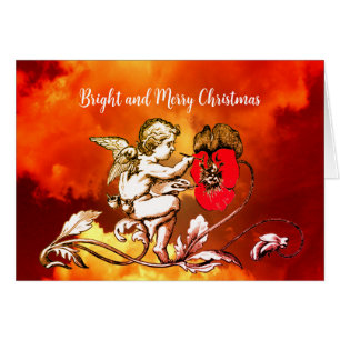 ANGEL PAINTING A RED FLOWER IN THE SKY Christmas Cards