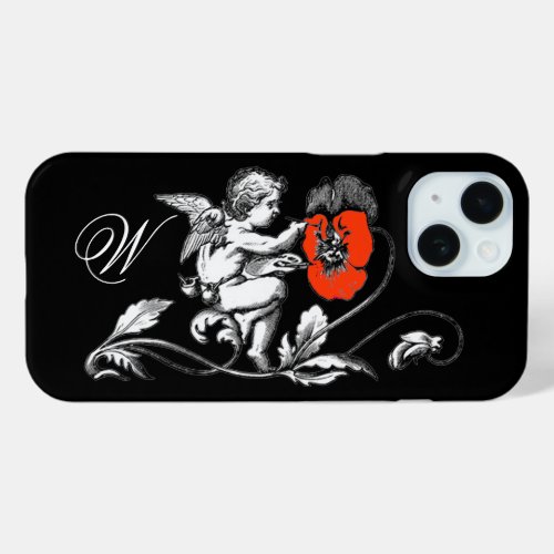 ANGEL PAINTING A RED FLOWERMONOGRAM Black iPhone 15 Case