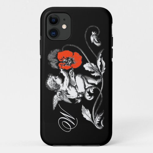 ANGEL PAINTING A RED FLOWERMONOGRAM Black iPhone 11 Case