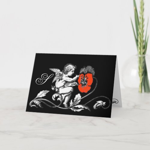 ANGEL PAINTING A RED FLOWER  MONOGRAM NOTE CARD