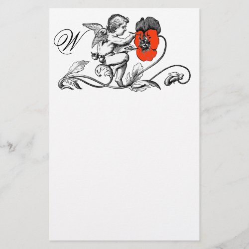 ANGEL PAINTING A RED FLOWER MONOGRAM STATIONERY