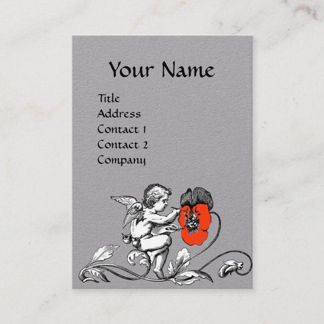 ANGEL PAINTING A RED FLOWER MONOGRAM White Grey Business Card (Front)