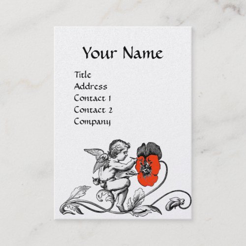 ANGEL PAINTING A RED FLOWER MONOGRAM White Pearl Business Card