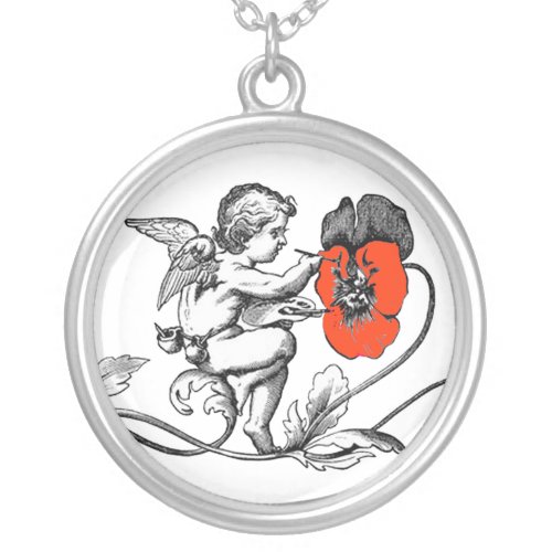 ANGEL PAINTING A RED FLOWER Retro Vintage Style Silver Plated Necklace