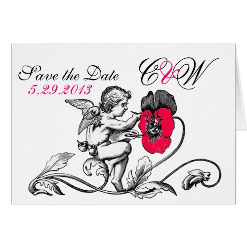 ANGEL PAINTING A RED FLOWER SAVE THE DATE MONOGRAM