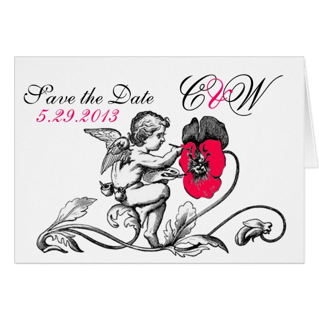 ANGEL PAINTING A RED FLOWER SAVE THE DATE MONOGRAM (Front Horizontal)