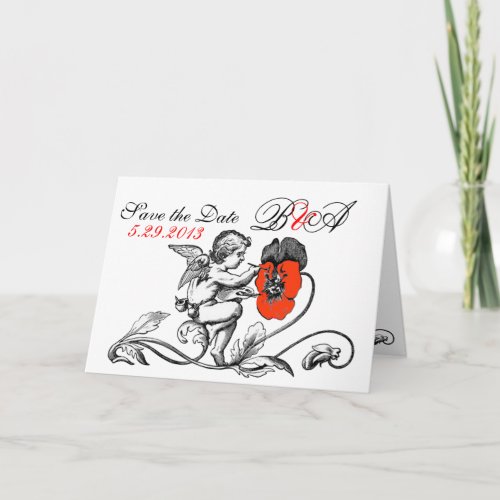 ANGEL PAINTING A RED FLOWER SAVE THE DATE MONOGRAM ANNOUNCEMENT