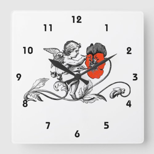 Angel Painting A Red Flower Square Wall Clock
