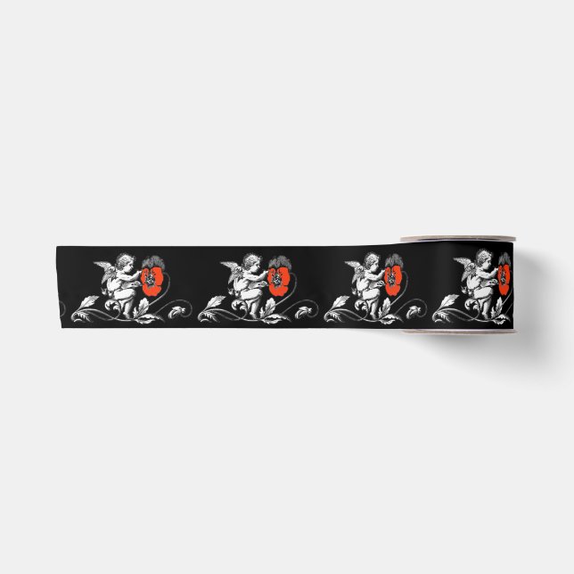 ANGEL PAINTING RED FLOWERS Black White Christmas Satin Ribbon (Front)