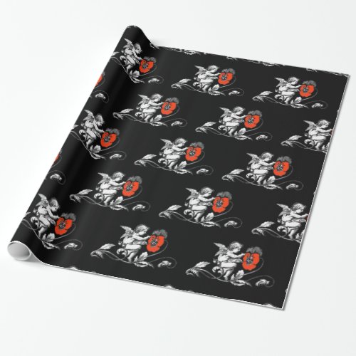 ANGEL PAINTING RED FLOWERS Black White Christmas  Wrapping Paper