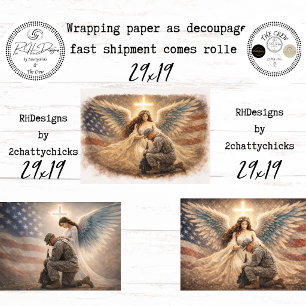 Angel Patriotic With Soldier Kneeling Decoupage  Wrapping Paper Sheets