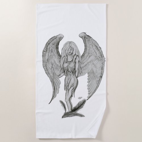 Angel  Pencil Art  black and white design Beach Towel