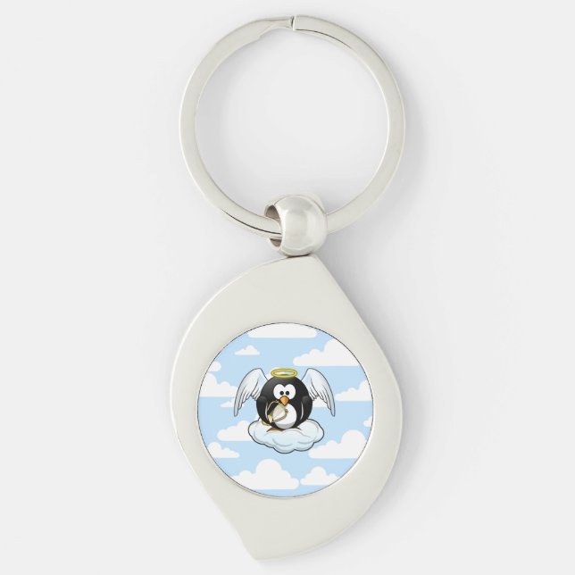 Angel Penguin on a Cloud With Sky Background Keychain (Front)