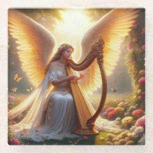 Angel Playing a Harp with Flowers & Butterflies Glass Coaster