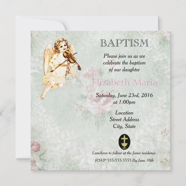 Angel Playing a Violin Baptismal Invitation (Front)