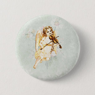 Angel Playing a Violin on a Shabby Vintage Texture Button