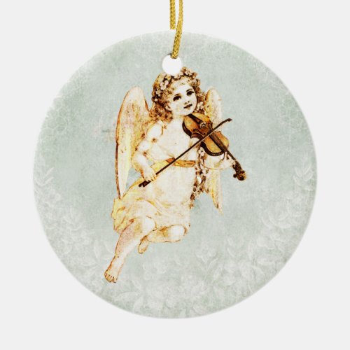 Angel Playing a Violin on a Shabby Vintage Texture Ceramic Ornament