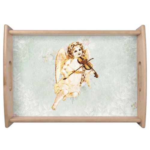 Angel Playing a Violin on a Shabby Vintage Texture Serving Tray