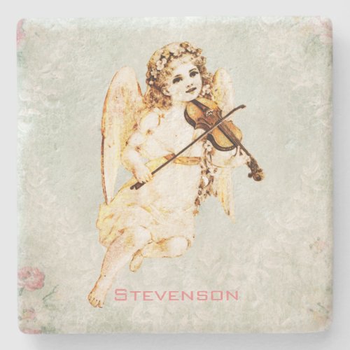 Angel Playing a Violin on a Shabby Vintage Texture Stone Coaster