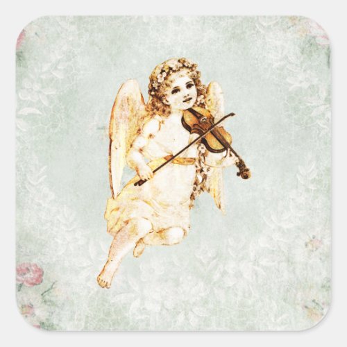Angel Playing a Violin on Vintage Background Square Sticker
