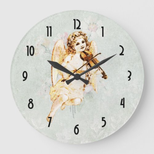 Angel Playing a Violin on Vintage Paper Background Large Clock