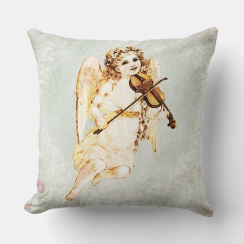 Angel Playing a Violin on Vintage Paper Background Throw Pillow
