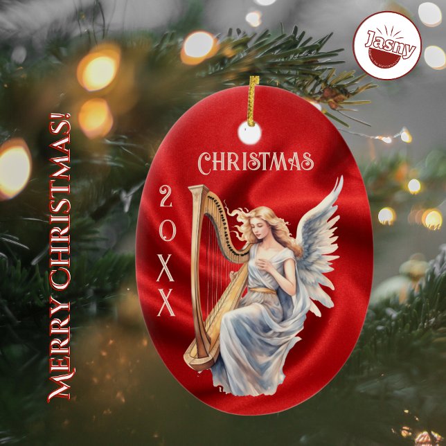 Angel Playing Harp on Red Silk Christmas Ornament  (Creator Uploaded)