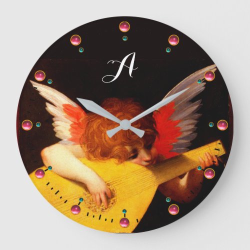 ANGEL PLAYING LUTE Music Making Cherub Monogram Large Clock