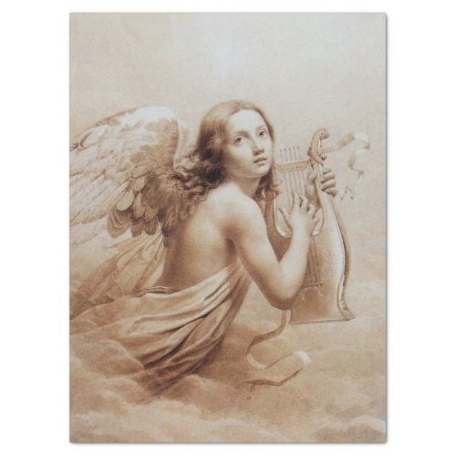 ANGEL PLAYING LYRA OVER CLOUDS Brown Sepia Xmas Tissue Paper
