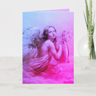 ANGEL PLAYING LYRA OVER THE CLOUDS Blue Pink Holiday Card
