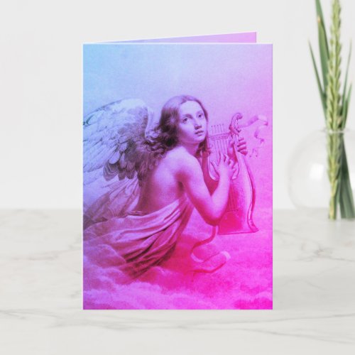 ANGEL PLAYING LYRA OVER THE CLOUDS Blue Pink Holiday Card