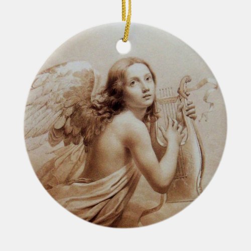 ANGEL PLAYING LYRA OVER THE CLOUDS brown Ceramic Ornament