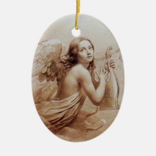 ANGEL PLAYING LYRA OVER THE CLOUDS brown Ceramic Ornament