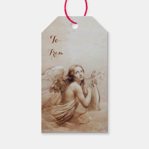 ANGEL PLAYING LYRA OVER THE CLOUDS Brown Gift Tags