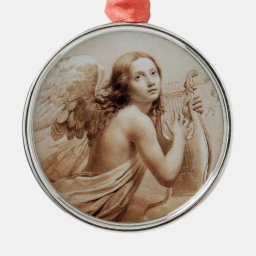 ANGEL PLAYING LYRA OVER THE CLOUDS Brown Metal Ornament