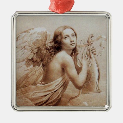 ANGEL PLAYING LYRA OVER THE CLOUDS Brown Metal Ornament