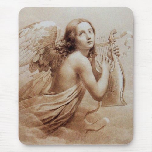 ANGEL PLAYING LYRA OVER THE CLOUDS brown Mouse Pad