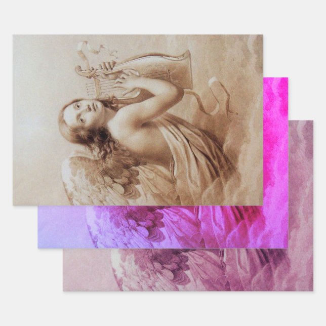ANGEL PLAYING LYRA OVER THE CLOUDS Brown Pink Wrapping Paper Sheets (Set)
