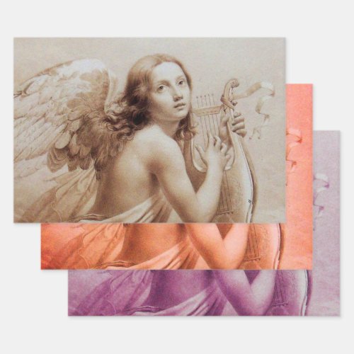 ANGEL PLAYING LYRA OVER THE CLOUDS Brown Red Pink  Wrapping Paper Sheets