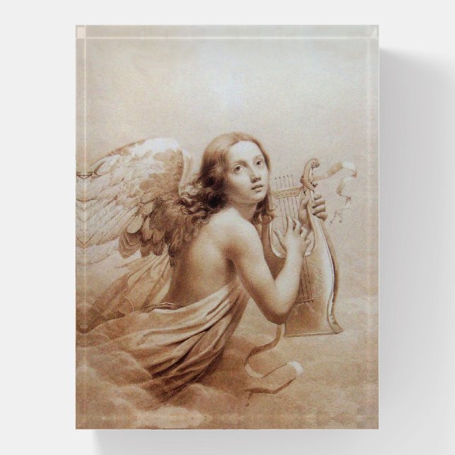 ANGEL PLAYING LYRA OVER THE CLOUDS Brown Sepia Paperweight (Vertical)
