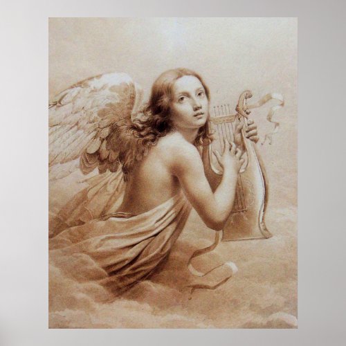 ANGEL PLAYING LYRA OVER THE CLOUDS Brown Sepia Poster