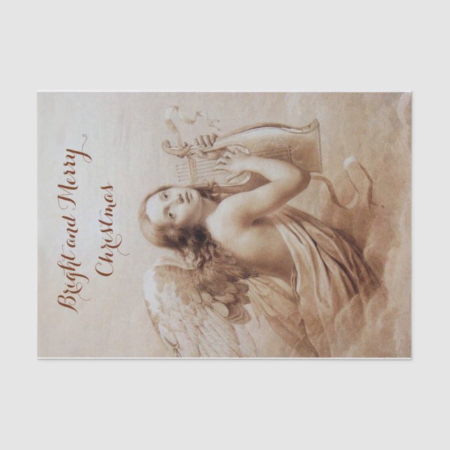 ANGEL PLAYING LYRA OVER THE CLOUDS brown sepia Tissue Paper (Front)
