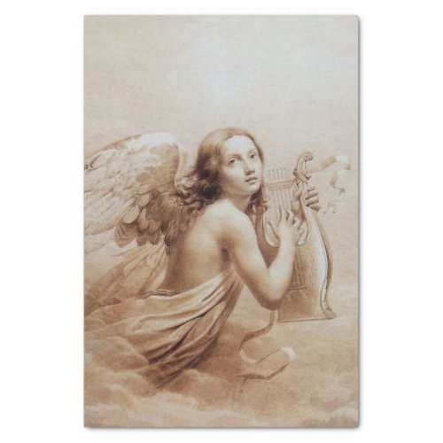 ANGEL PLAYING LYRA OVER THE CLOUDS brown sepia Tissue Paper