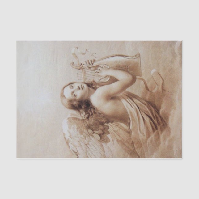 ANGEL PLAYING LYRA OVER THE CLOUDS brown sepia Tissue Paper (Front)